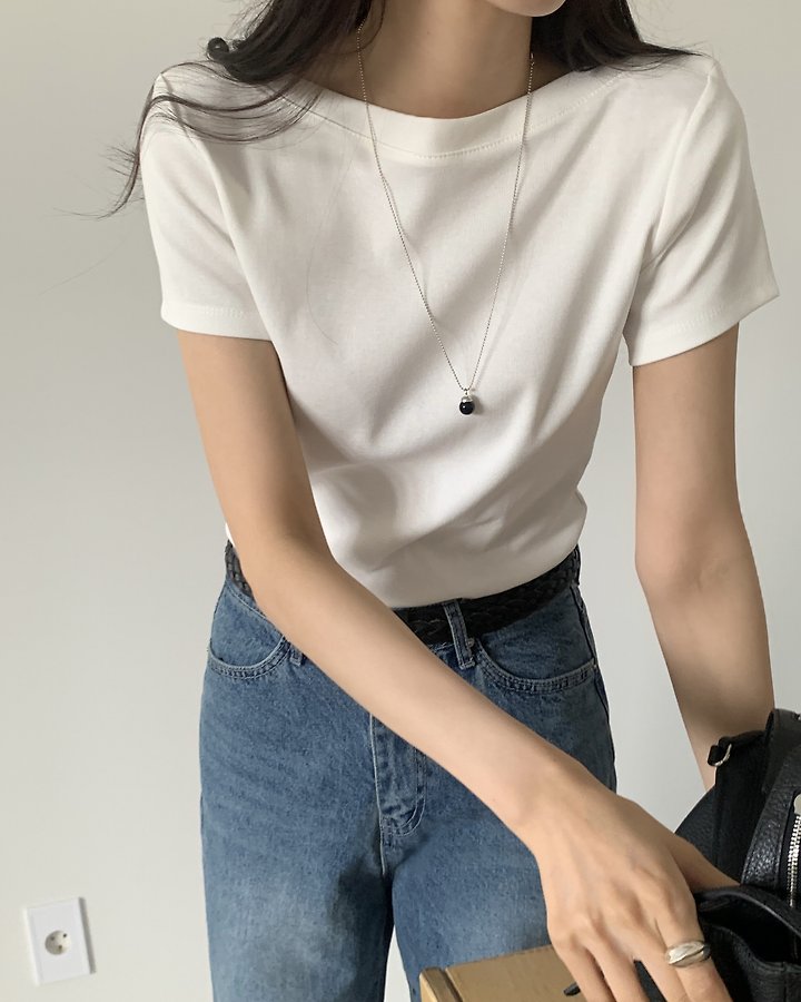 Something Else - Korean Women Fashion - #momslook - Heg Boat Neck Short Sleeve Tee - 5