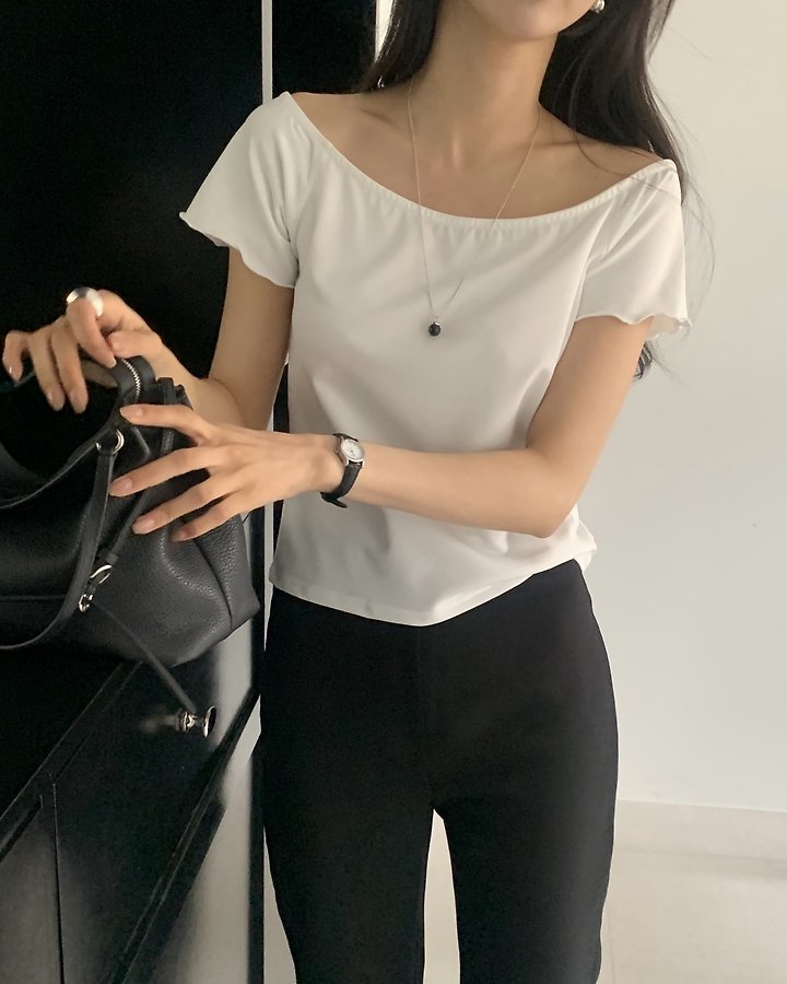 Something Else - Korean Women Fashion - #momslook - Way Off-Shoulder Short Sleeve Tee - 10
