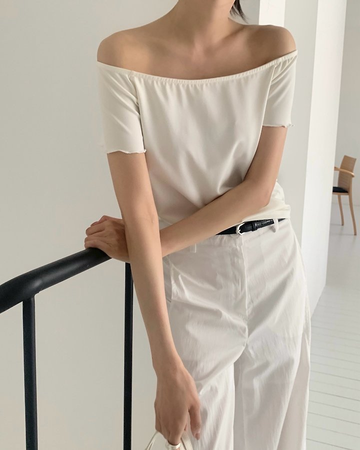 Something Else - Korean Women Fashion - #momslook - Way Off-Shoulder Short Sleeve Tee - 2