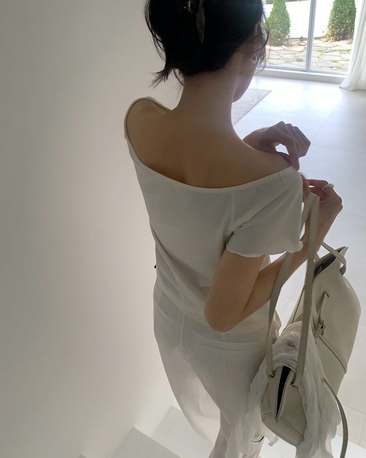 Something Else - Korean Women Fashion - #momslook - Way Off-Shoulder Short Sleeve Tee - 6