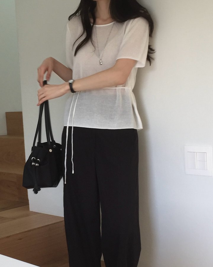Something Else - Korean Women Fashion - #restrostyle - Moz String Short Sleeve Knit - 3