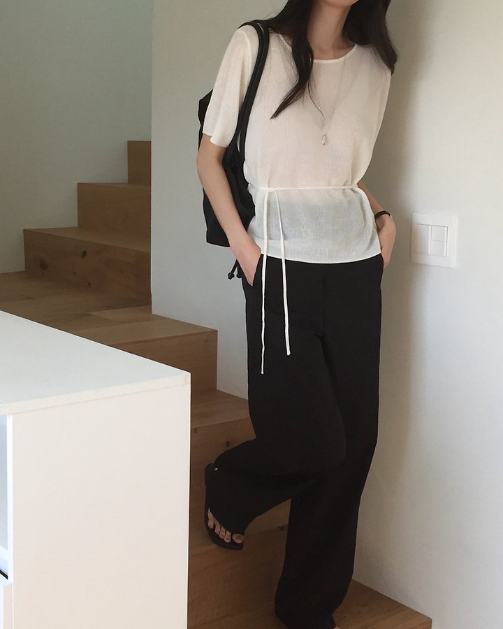 Something Else - Korean Women Fashion - #restrostyle - Moz String Short Sleeve Knit - 4