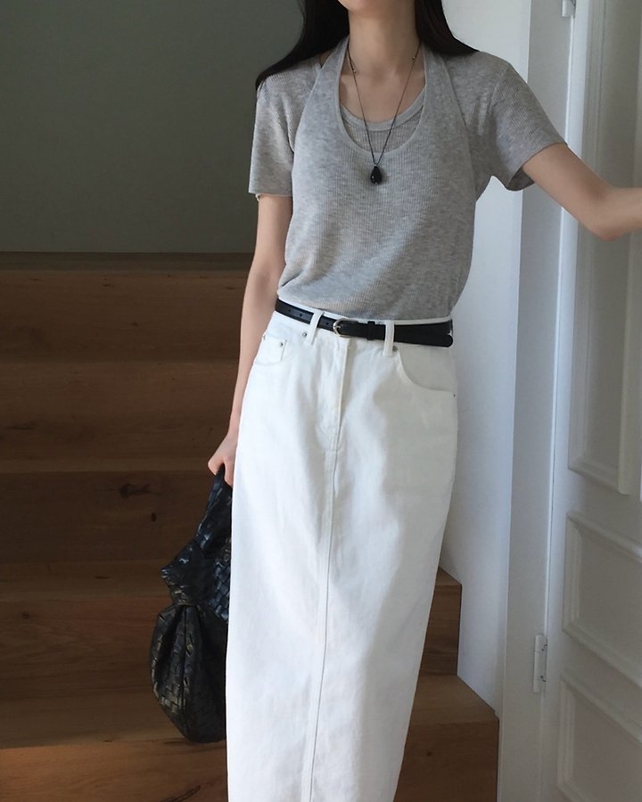 Something Else - Korean Women Fashion - #romanticstyle - Rough Linen Sleeveless Short Sleeve Knit Set - 2
