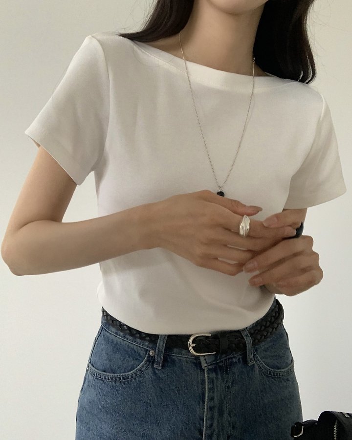 Something Else - Korean Women Fashion - #romanticstyle - Heg Boat Neck Short Sleeve Tee