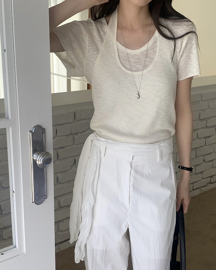 Something Else - Korean Women Fashion - #womensfashion - Rough Linen Sleeveless Short Sleeve Knit Set - 11