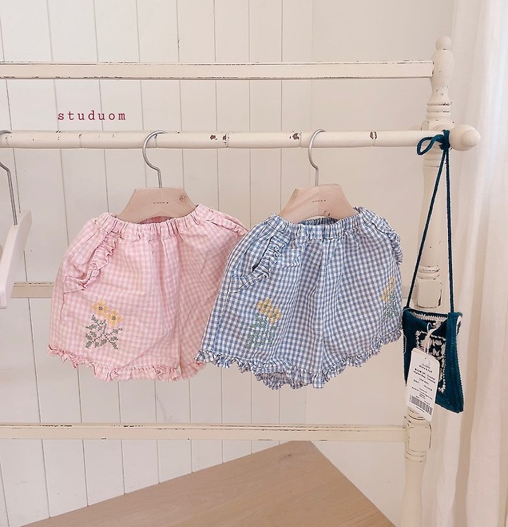 Studio M - Korean Children Fashion - #childrensboutique - Check Embroidery Frill Shorts