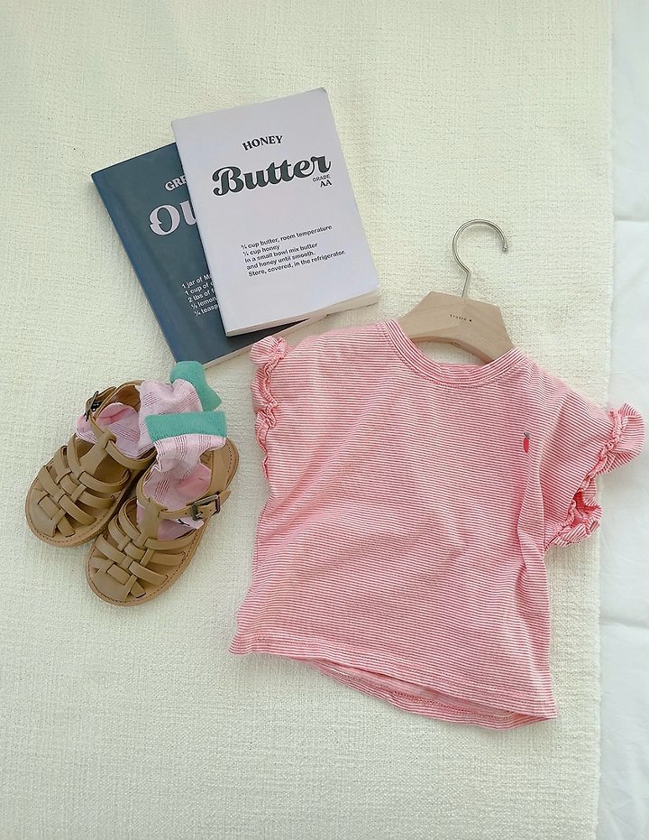 Studio M - Korean Children Fashion - #minifashionista - Berry Frill Stripe Tee - 12