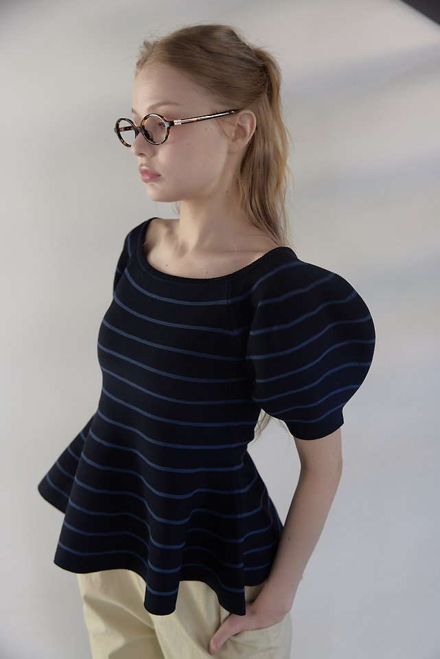 Uoov - Korean Women Fashion - #momslook - Striped Flare Puff Knit Top