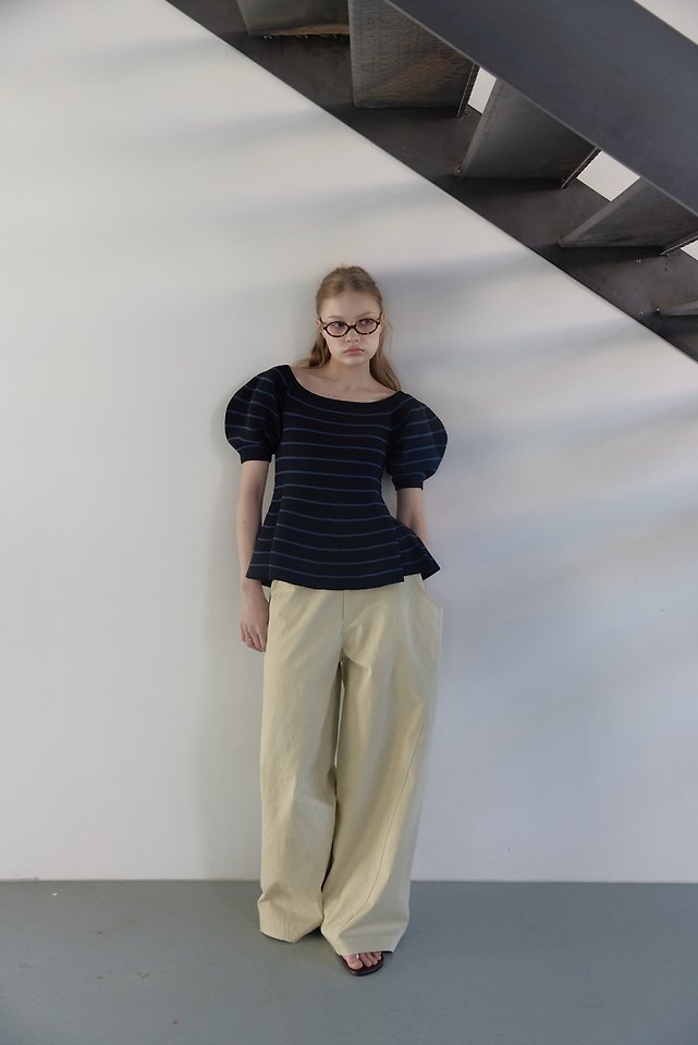 Uoov - Korean Women Fashion - #momslook - Striped Flare Puff Knit Top - 2