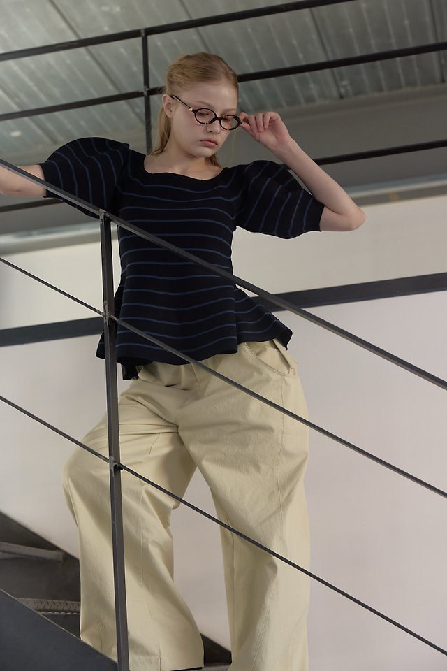 Uoov - Korean Women Fashion - #momslook - Striped Flare Puff Knit Top - 3