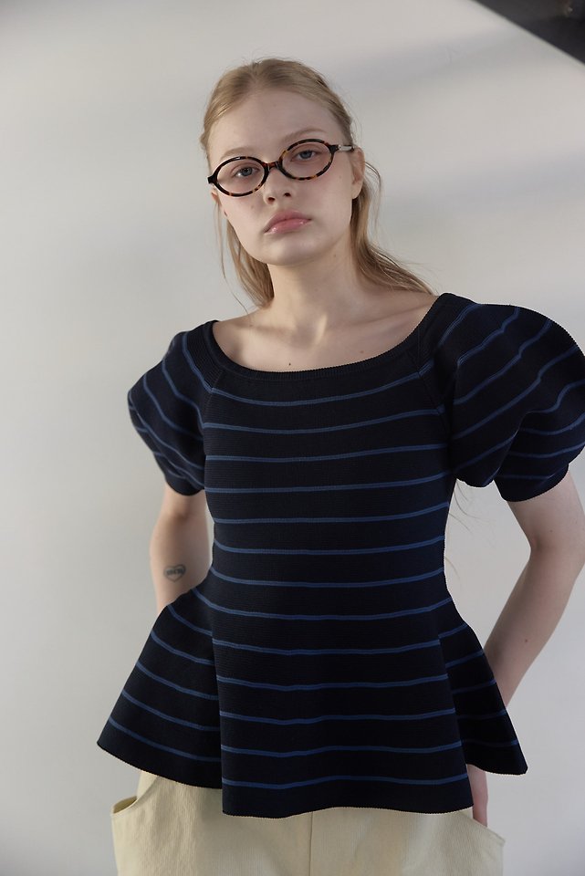 Uoov - Korean Women Fashion - #vintagekidsstyle - Striped Flare Puff Knit Top - 6
