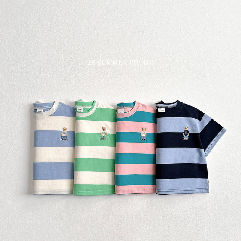 Vivid I - Korean Children Fashion - #prettylittlegirls - Big Stripe Bear Embroidery Tee