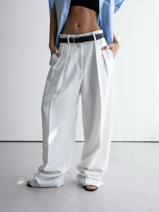 Twill Texture Low Waist Double Pleated Wide Trousers