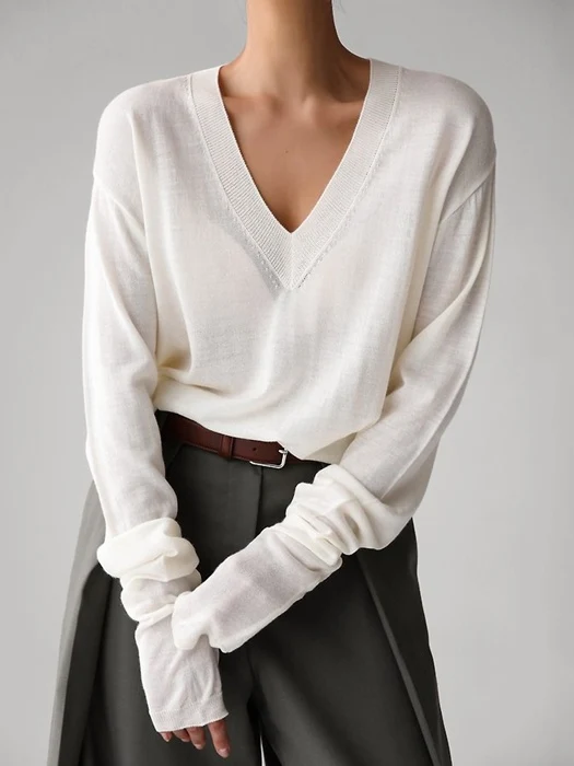 Wool Silk Deep V-Neck Long Sleeve Knit