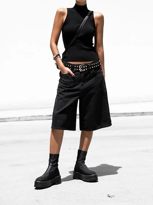 Classic Wide Bermuda Washed Black Denim Trousers
