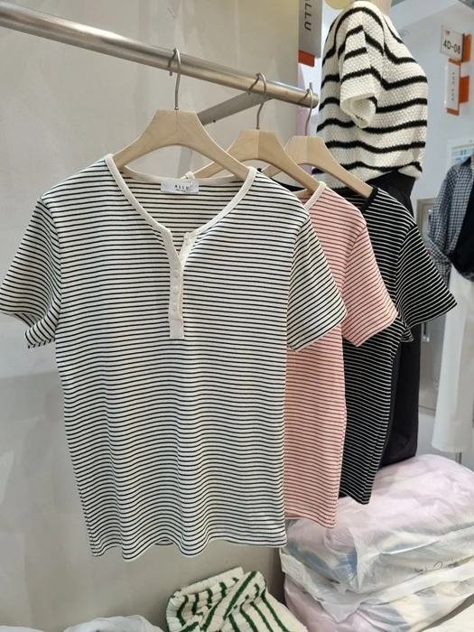 Ribbed Stripe Button Short Sleeve Tee Ribbed Stripe Button Short Sleeve Tee