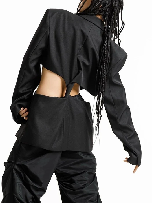 Square Shoulder Cut-Out Waist Detail Minimal Blazer