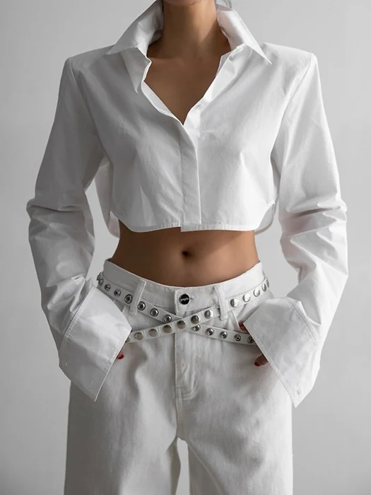 Classic Shoulder Pad Crop Button-Down Shirt Classic Shoulder Pad Crop Button-Down Shirt
