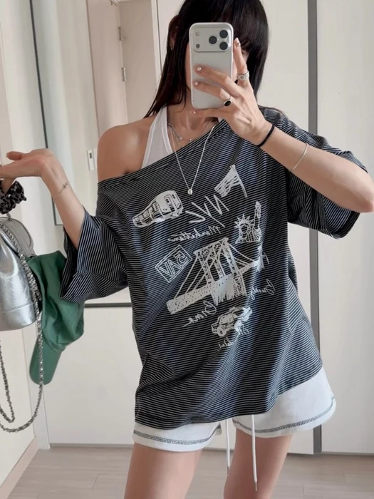 Layered Stripe Shoulder Tee Sleeveless Set