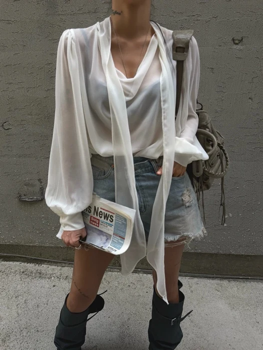 See-Through Tie Blouse