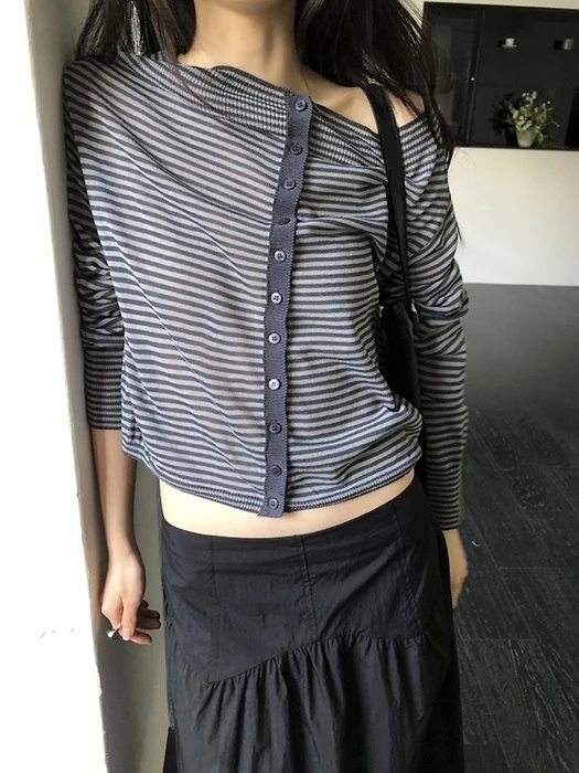 Striped Off-Shoulder Knit Cardigan Striped Off-Shoulder Knit Cardigan