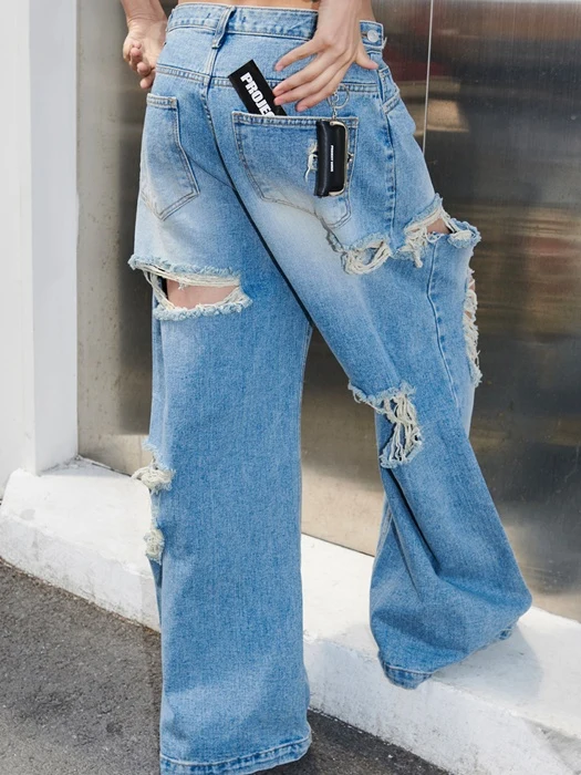 Destroyed Button Denim Pants