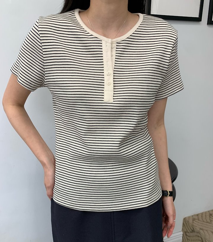 Allu - Korean Women Fashion - #momslook - Ribbed Stripe Button Short Sleeve Tee
