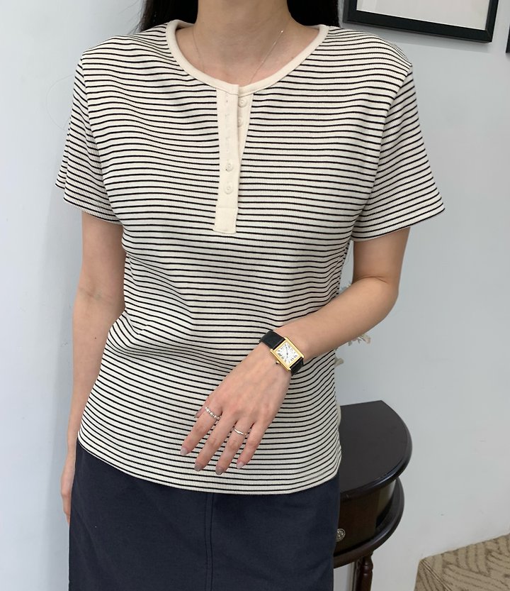 Allu - Korean Women Fashion - #momslook - Ribbed Stripe Button Short Sleeve Tee - 2