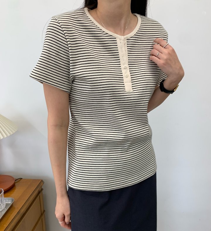 Allu - Korean Women Fashion - #momslook - Ribbed Stripe Button Short Sleeve Tee - 3