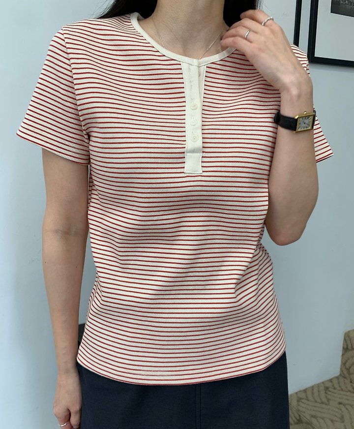 Allu - Korean Women Fashion - #pursuepretty - Ribbed Stripe Button Short Sleeve Tee - 7