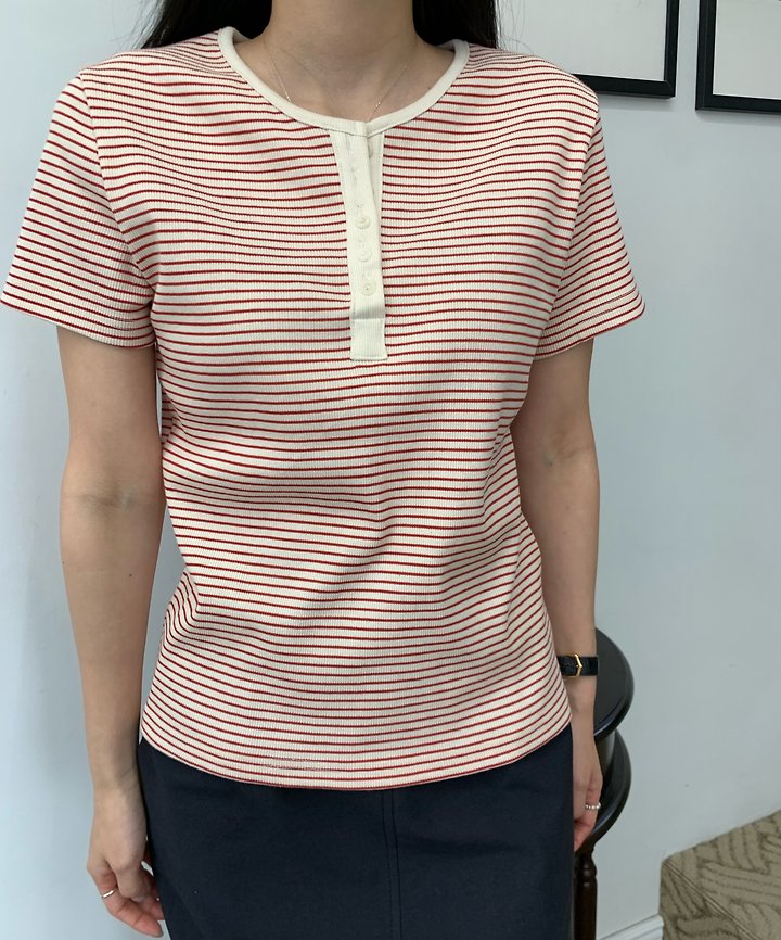 Allu - Korean Women Fashion - #restrostyle - Ribbed Stripe Button Short Sleeve Tee - 8