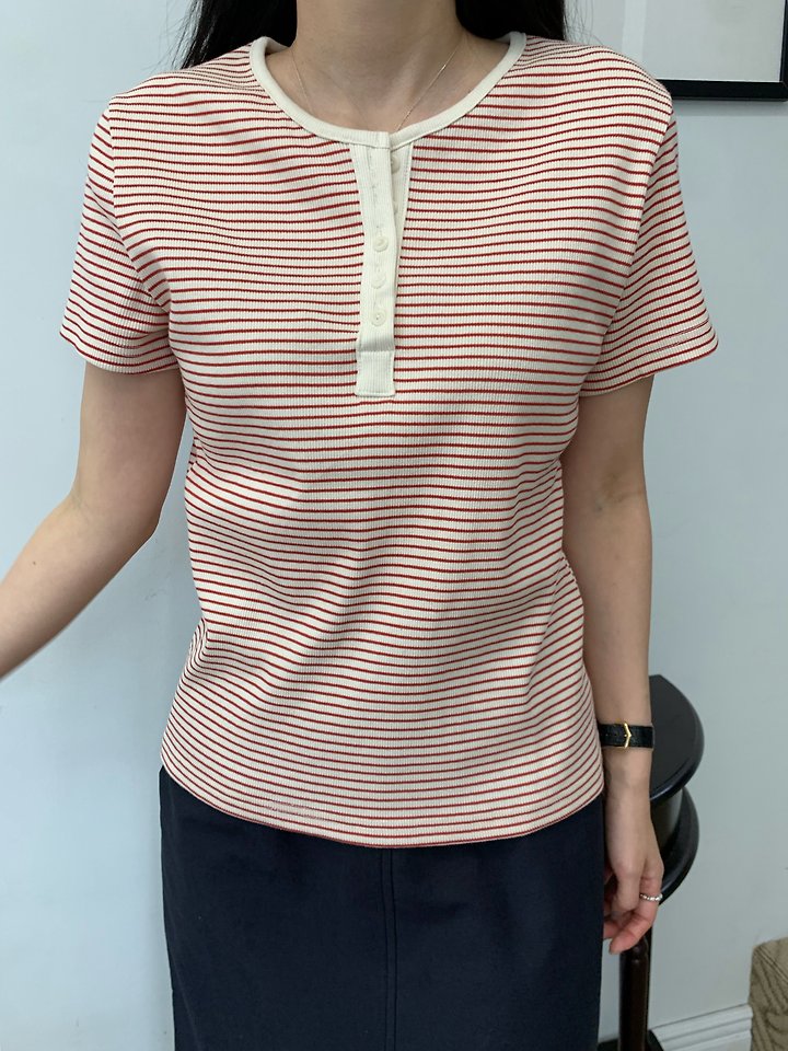 Allu - Korean Women Fashion - #romanticstyle - Ribbed Stripe Button Short Sleeve Tee - 9