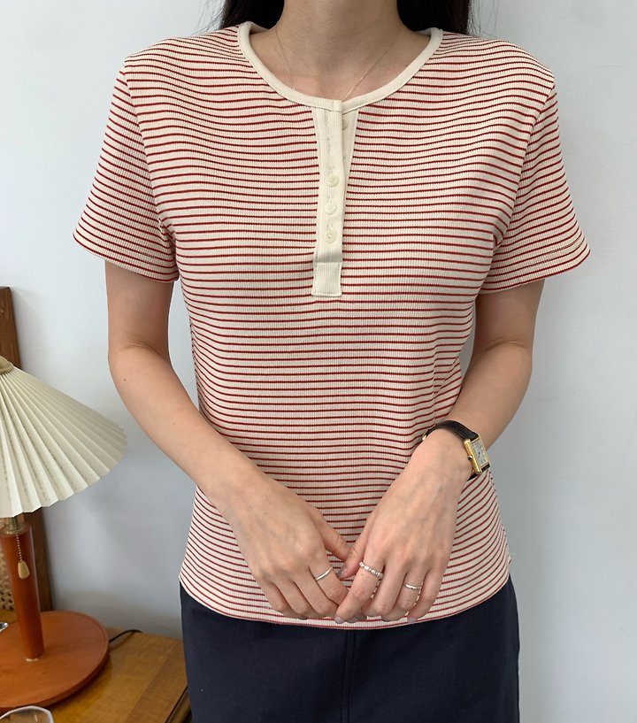 Allu - Korean Women Fashion - #shopsmall - Ribbed Stripe Button Short Sleeve Tee - 10