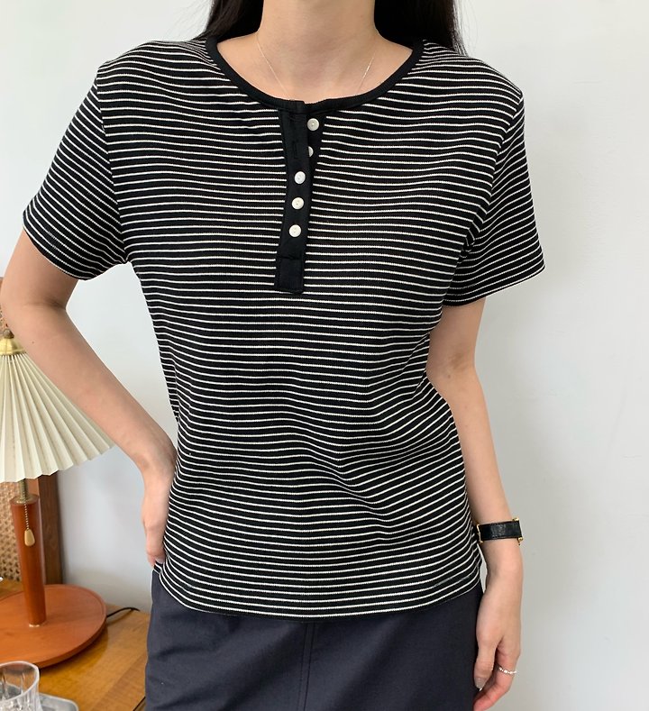 Allu - Korean Women Fashion - #thatsdarling - Ribbed Stripe Button Short Sleeve Tee - 11