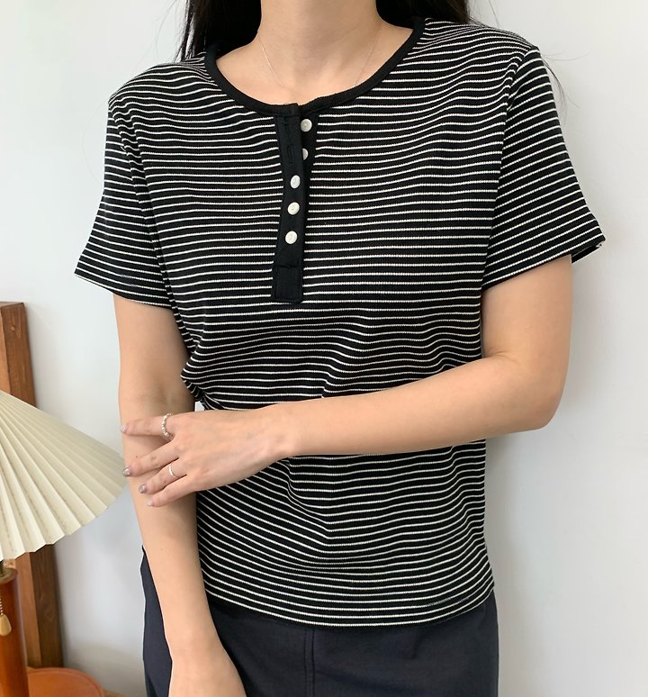 Allu - Korean Women Fashion - #thelittlethings - Ribbed Stripe Button Short Sleeve Tee - 12