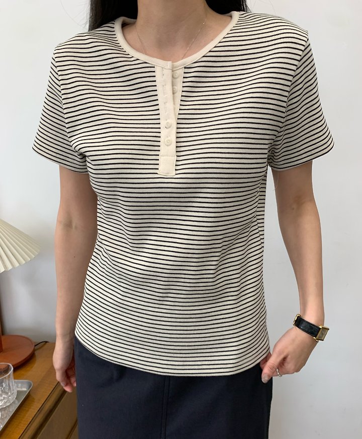 Allu - Korean Women Fashion - #vintageinspired - Ribbed Stripe Button Short Sleeve Tee - 5