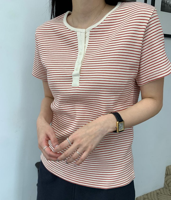 Allu - Korean Women Fashion - #vintagekidsstyle - Ribbed Stripe Button Short Sleeve Tee - 6