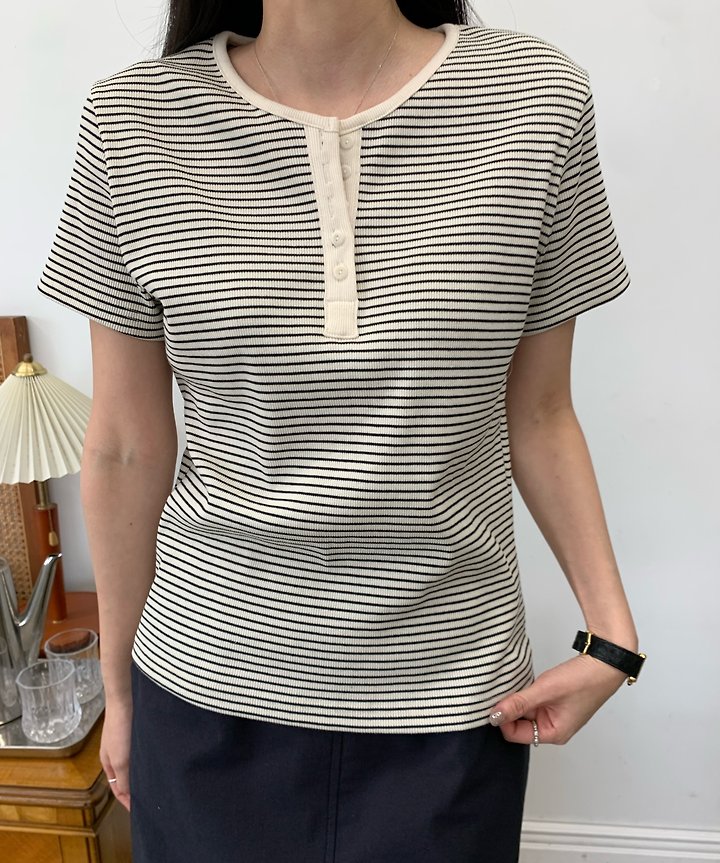 Allu - Korean Women Fashion - #momslook - Ribbed Stripe Button Short Sleeve Tee - 4