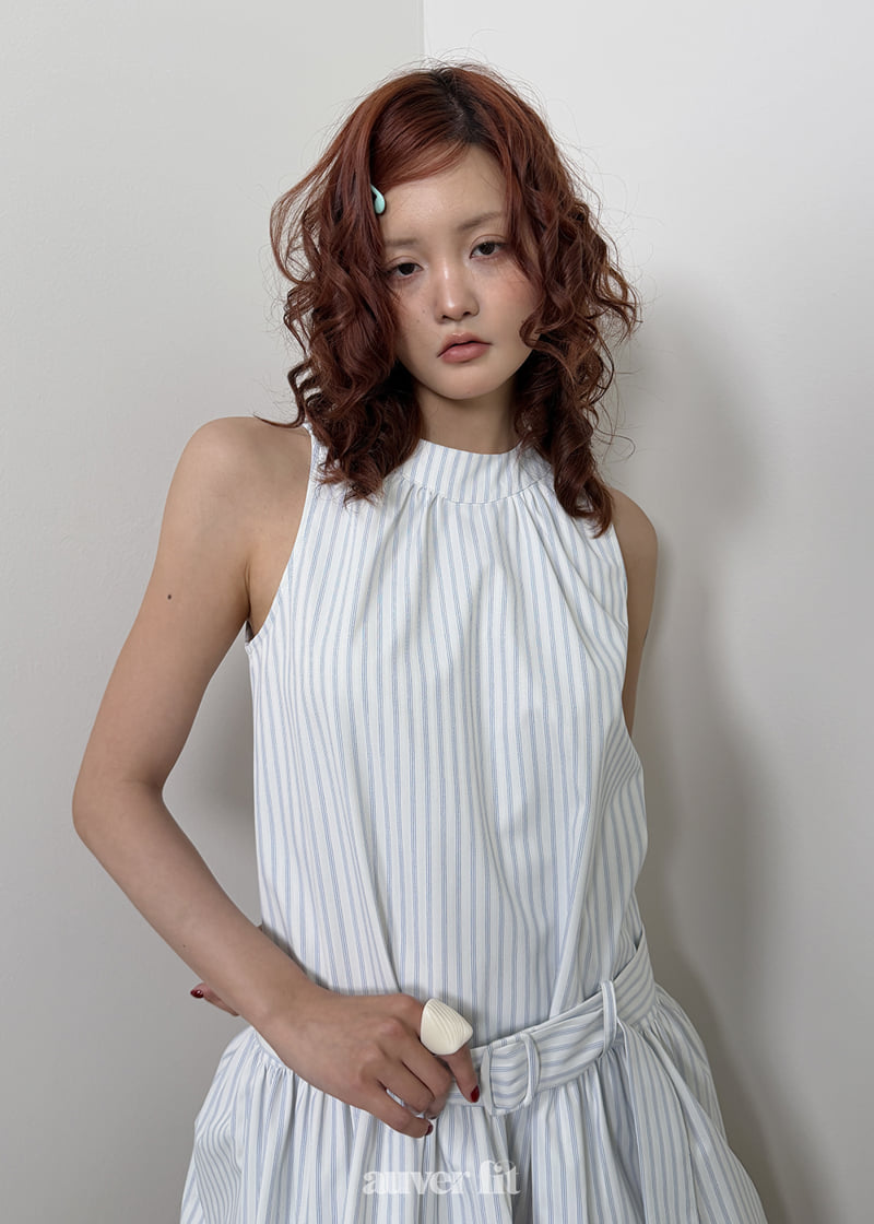 Auver_Fit - Korean Women Fashion - #momslook - Stripe Low Belt One-piece