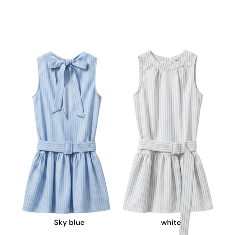 Auver_Fit - Korean Women Fashion - #womensfashion - Stripe Low Belt One-piece - 12