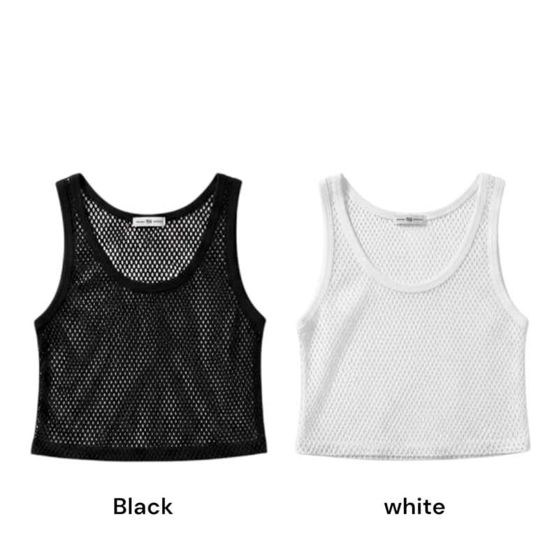 Auver_Fit - Korean Women Fashion - #womensfashion - Net Crop Sleeveless Top - 12