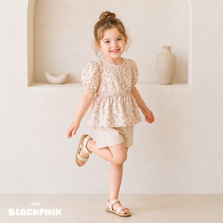 Black Pink - Korean Children Fashion - #discoveringself - Small Flower Puff Blouse - 4