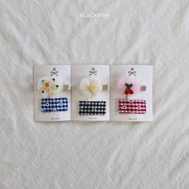 Black Pink - Korean Children Fashion - #prettylittlegirls - Beaded Flower Check Set (set of 2) - 3