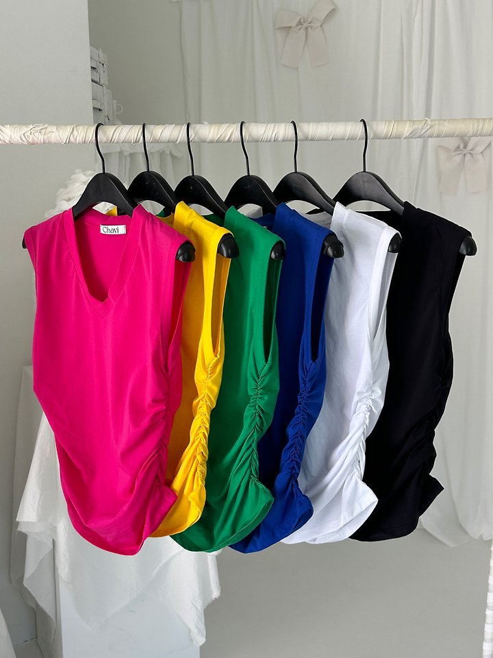 Chavi - Korean Women Fashion - #thatsdarling - V-Shirring Sleeveless Tee - 4