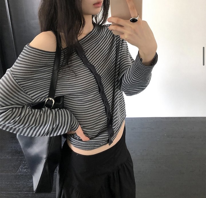Cover - Korean Women Fashion - #momslook - Striped Off-Shoulder Knit Cardigan - 2
