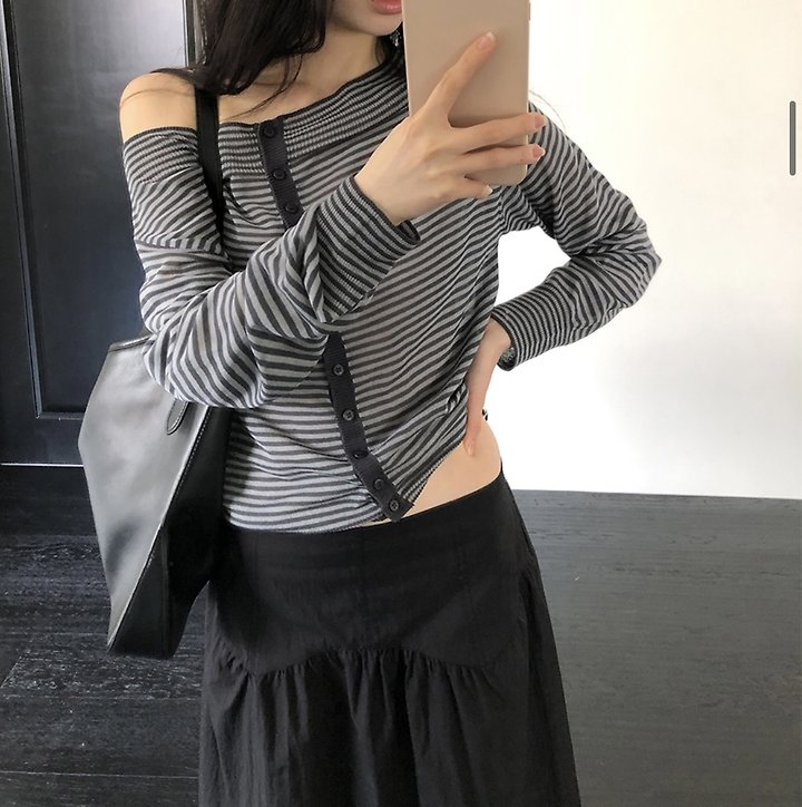 Cover - Korean Women Fashion - #womensfashion - Striped Off-Shoulder Knit Cardigan - 4