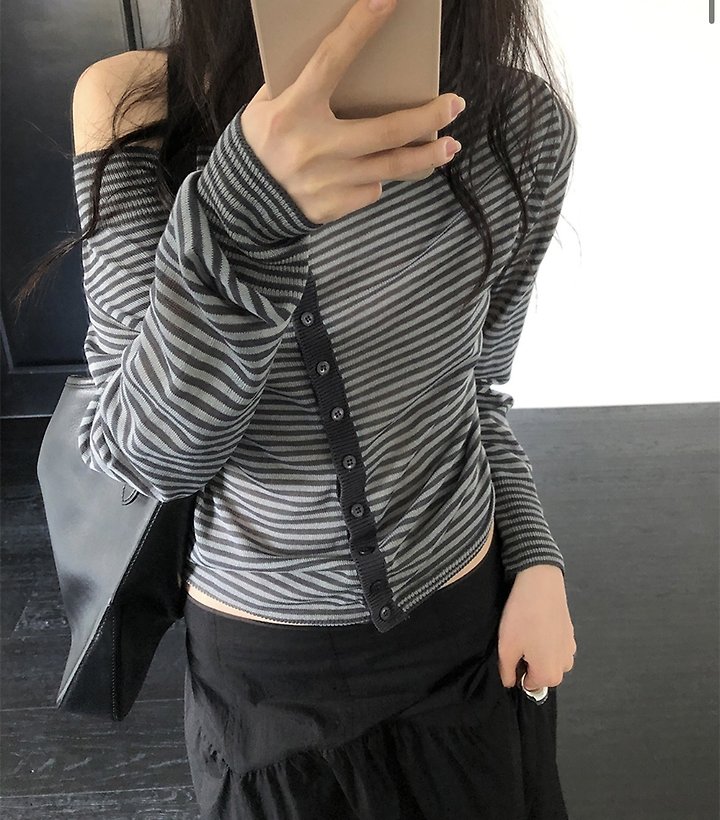 Cover - Korean Women Fashion - #momslook - Striped Off-Shoulder Knit Cardigan - 6