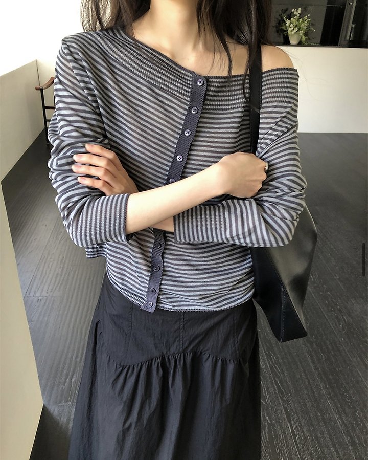 Cover - Korean Women Fashion - #momslook - Striped Off-Shoulder Knit Cardigan - 7