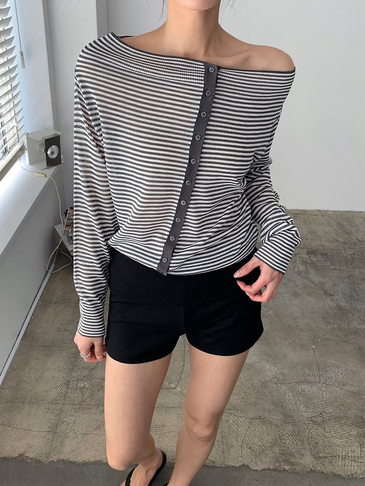 Cover - Korean Women Fashion - #momslook - Stripe Knit Off Cardigan
