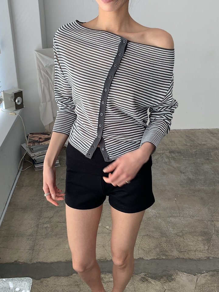 Cover - Korean Women Fashion - #momslook - Stripe Knit Off Cardigan - 3